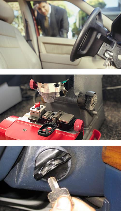 we can help you when you've locked your keys in your car (top), we can cut new keys for you (middle), and we can extract a key that has broken off in the ignition lock (bottom).