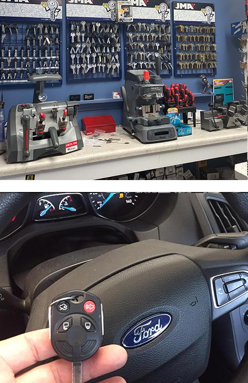 We have thousands of key blanks and multiple key cutting machines in our shop (top). We cut and programmed a replacement transponder head key for a client's Ford (bottom)