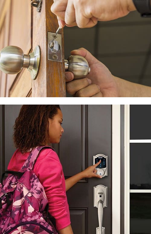 image of a residential lock being installed (top) and a young woman using a Smart Lock on her home's front door. (bottom)